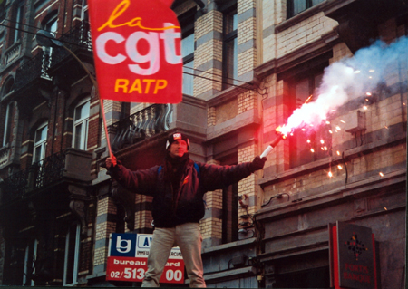 Flares are back. French CGT railwayworker protests.